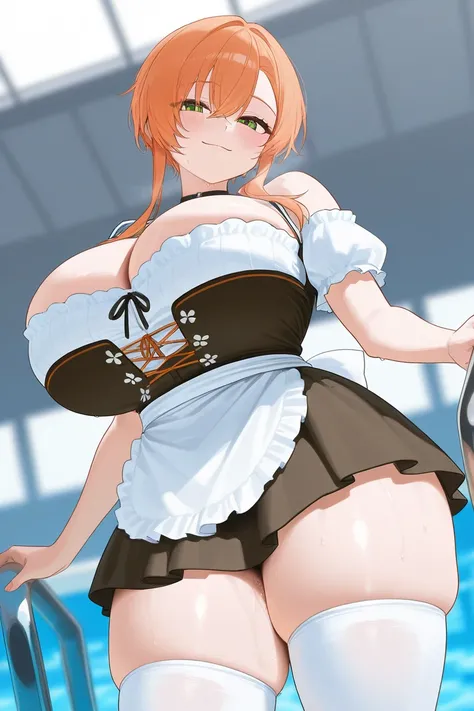  gal　 Dirndl Maid 　 huge boobs at the pool in the evening　 cleavage　 micro mini skirt 　 sex　Very thick thighs　　 thigh high socks　smile　Tie pants