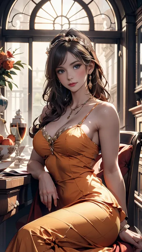 A young and elegant lady of the house,slightly wavy black hair, mature and graceful aura, well-maintained youthful appearance, wearing luxurious and elegant dresses or noblewoman-style attire, confident and composed expression, background of a large classi...