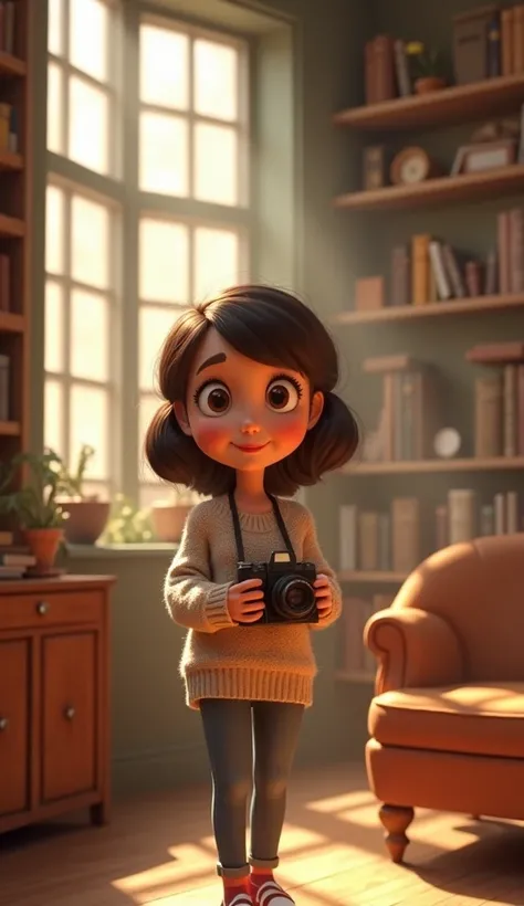 3D cartoon Animated image: A cute cheerful young woman in a cozy sweater and jeans, holding a vintage camera, stands in an atmospheric library with sunlight streaming through tall windows. The scene captures her curiosity as she notices something unusual a...