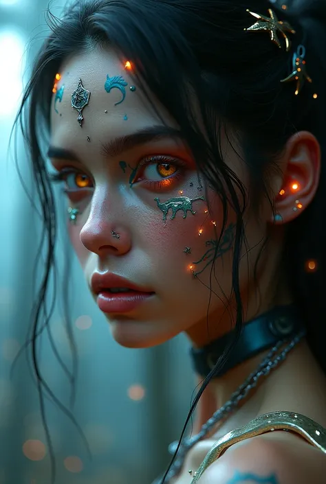 a person with a face painted with tribal designs, artwork in the style of guweiz, great digital art with details, beautiful digital artwork, beautiful cyberpunk girl face, dreamy cyberpunk girl, glowing eyes!! intricate, digital concept art, small characte...