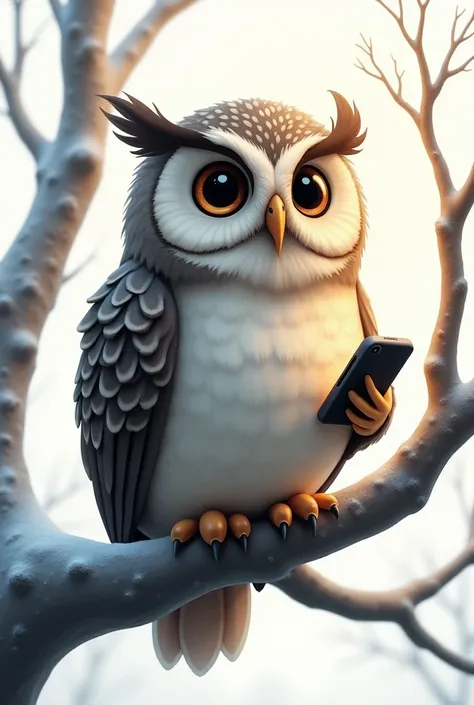 "An anthropomorphic owl standing on a branch of tree. The owl has ,White belt oh forehead,wide, expressive eyes, detailed feather patterns in gray, brown, and cream tones. It holds a i phone in its wings. The background is white. The lighting is soft night...