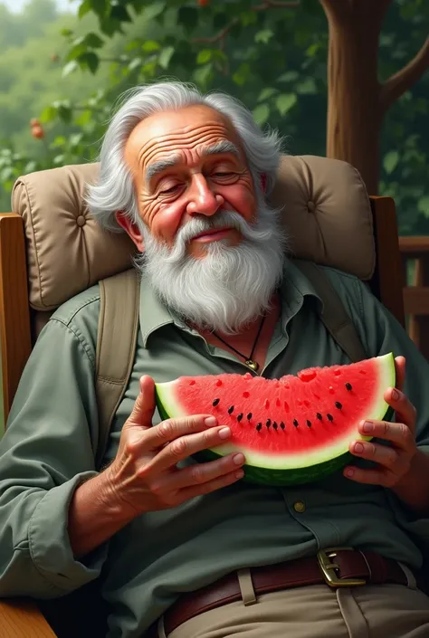 An old man lay down and ate a watermelon watching