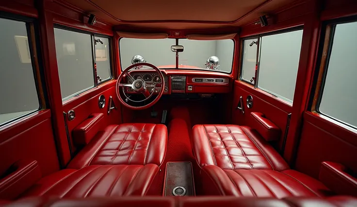 A full internal view seats front back both seats full Hd shiny red 1876 Cadillac Fleetwood Brougham in Luxery showroom