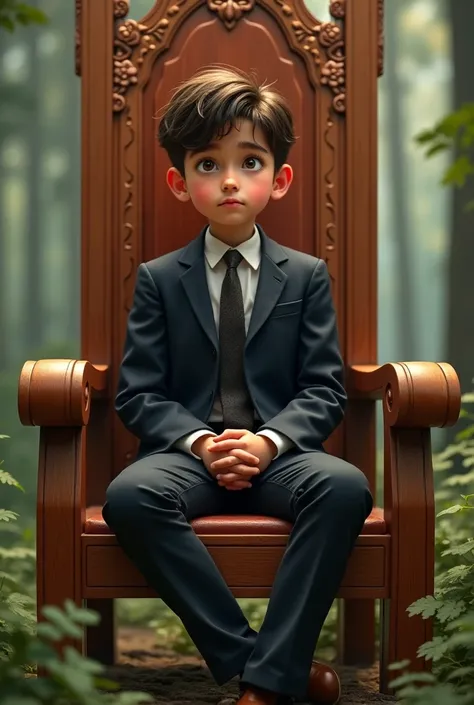 Create a boy in a suit sitting on a cedar throne with a serious face 