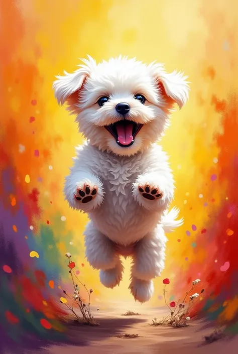 "A joyful and energetic small white dog, resembling a bichon frise, captured mid-jump with its paws outstretched, appearing playful and full of life. The dogs fluffy fur is textured and vibrant, with soft strokes creating a lively and dynamic look. The bac...