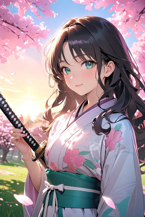 1 girl, (cute face), (shoulder-length wavy hair:1.2), (emerald green eyes), small breasts, slim, (wearing a blend of a traditional Japanese kimono and samurai armor), (with floral motifs), BREAK  
Enchanted cherry blossom grove, floating petals, (gentle wi...