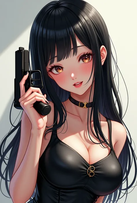 Anime, black long-haired girl with bright eyes, sweet smile, closed one eye, slightly tilted head, wearing latex combat dress, holding a pistol