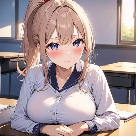 Its evening at class room,a pretty girl is sitting behind desk,Japanese blouse school wear,big breasts,ponytail,blush face