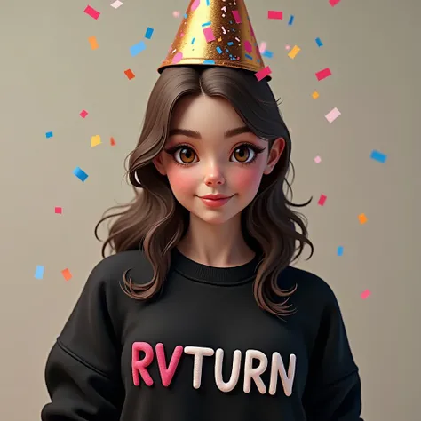 Jeune femme avec un chapeaux de fête en gros plan, avec un sweat noir avec écrit « RVTURN »  en paliette de couleur sur son pull, qui tient dans ça main le nombre « 2025 » et des pulls dans l’autre mains avec des confettis,Rendu 3D