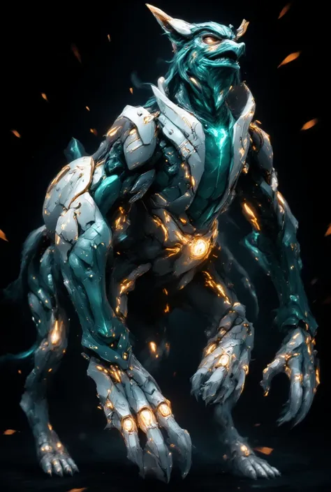 A stylized creature, resembling a wolf or canine, with intricate mechanical armor.  The creatures fur is dark teal/green with highlights of white and orange, and its armor plating is a mix of white and metallic orange, with visible, skeletal-like structure...