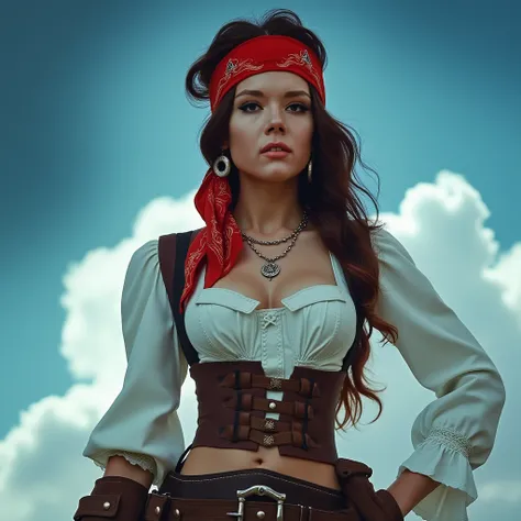 A vibrant pirate woman with a toned body, porcelain-like white skin, and an air of swashbuckling confidence, adorned in a intricately designed costume featuring a crimson bandana, a billowy white shirt with puffy sleeves, and a pair of rugged brown boots, ...