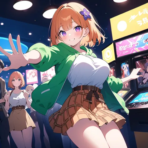  One Girl 、 green hooded hoodie、 One Curl Bob Cut ,  white inner shirt,  top quality 、Ultra-detailed eyes, 20 color light ,  fashionable clothes, Orange Hair、 purple eyes、smile、Big Breasts、 Game Center,  orange check skirt, DANCE GAME ,  decision pose, Ver...