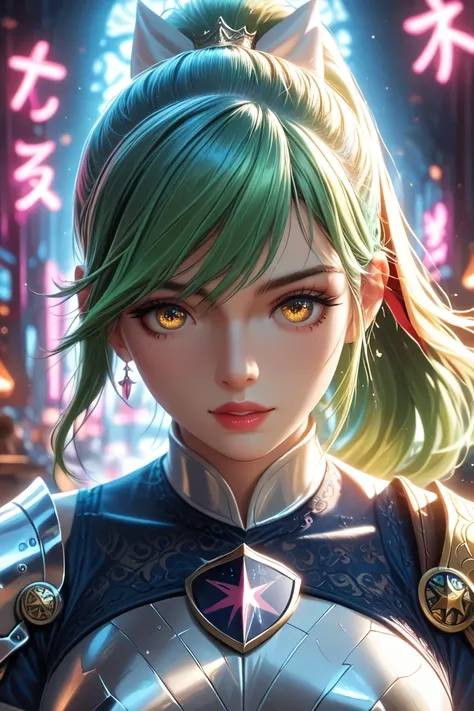 woman　Perfect figure　Platinum Armor　Shining armor framed by pink neon lights　Holy Sword　Armor that sticks to the ground 　 serious expression　 golden eyes　 ponytail　 is woven horizontally 　 green hair　Red Hair　 yellow hair　 blue hair　Multicolored Hair　Highl...