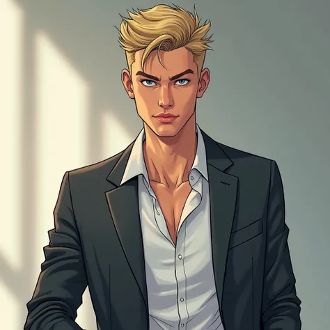 Create a portrait in a comicbook style  featuring Jonathan Pritchet, a strikingly handsome 17-year-old young man. He has blond, neatly styled hair that contrasts with his piercing blue eyes, which are filled with intensity and charisma. His features are we...