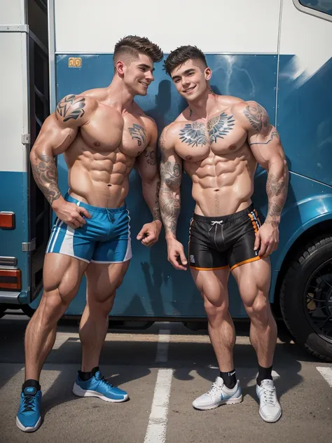 white skin,   , teenage-face, bodybuilder, highschool freshman,  dressed in tight cycling shorts,  toppless, many tattoos, cute young face,  high detail faces, full body focus,  Shoot from a long distance,  muscular hunk in the sports field,  smile, cute s...