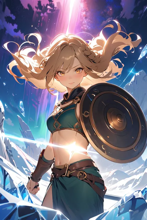 1 girl, (cute face), (long braided hair:1.2), (golden eyes), small breasts, slim, (wearing a mix of a traditional Viking dress and battle armor), (with runic symbols), BREAK  
Snowy fjord landscape, northern lights, (glimmering ice:1.2), (holding a shield:...