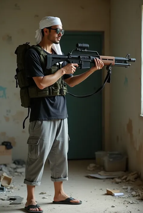 Japanese male, 20 years old,Fair skin,Round sunglasses,white kufiah,Black long sleeve casual t-shirt,Bulletproof vest, 3/4 length gray pants,Flip-flops,Aiming Pose with a rpg rocket launcher bazooka weapon,The background of the room is a messy, typical Pal...