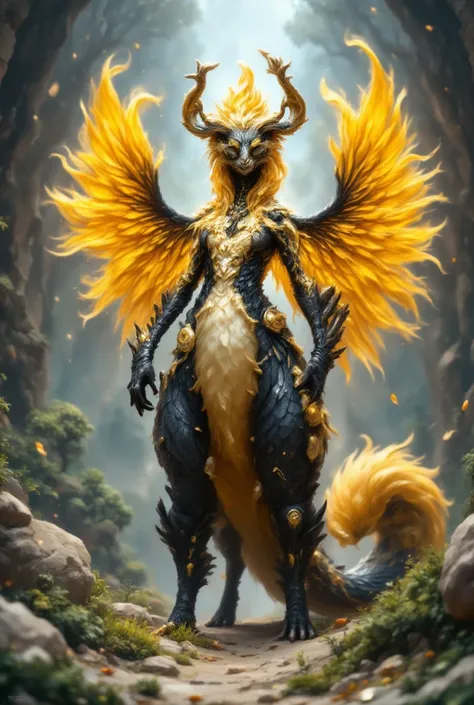 Winged yellow mohana, fantasy creature, standing pose, black and yellow color palette, large wings spread, horned head, fluffy yellow mane, cream-colored face,  pig-like snout,  dragon-like tail with orange-yellow feathered flames, detailed anatomy,  styli...