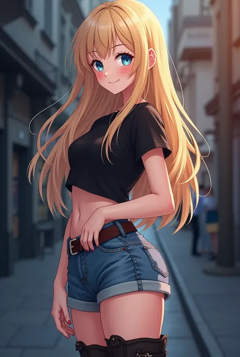 Anime 1girl, Blue eyes, (smile), (wide hips), (Best Quality, 8k, Masterpiece), perfect hands, Clear Focus, Perfect Body Beauty, Highly detailed face and skin texture, detailed eyes, double eyelids, (blonde long hair), (black t-shirts), (denim shorts), leat...