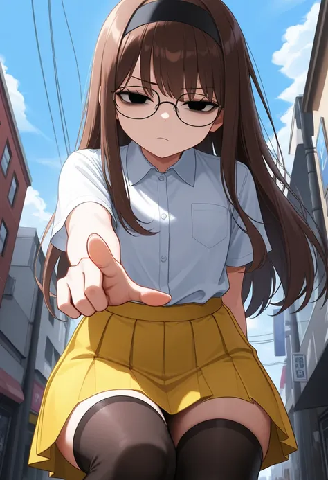 (masterpiece), best quality, expressive eyes, perfect face, a schoolgirl, serious, neutrl face, brown hair, black headband, hair betwee eyes, straight long hair, glasses, black eyes, half clossed eyes, bored face, yellow skirt, white button shirt, on her k...