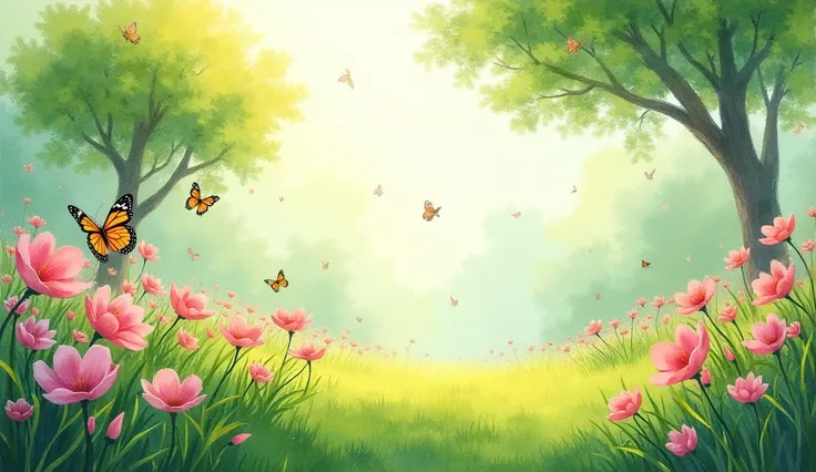 A beautiful pink watercolor garden with grass and flowers, trees and butterflies flying 