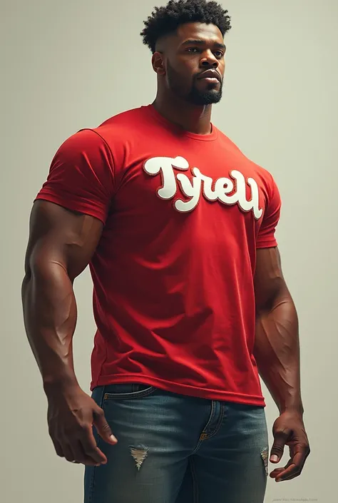 make a man really tall strong and light brown skin with curly short hair and a red t-shirt with the word “Tyrell” as a cloud over his head with realistic shadows