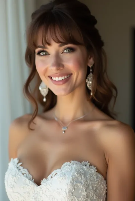 woman, Model, brown log hair,  big breasts, Earrings, Earrings, smile, Bangs,  jewelry, Weats a sexy wedding dress .  This is strapless and the tail button can be seen.  has intricate embroidery and is white .