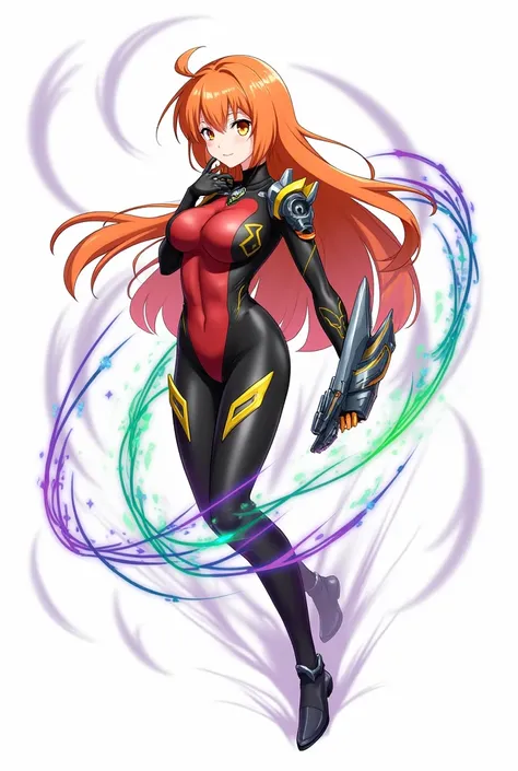 An anime-style female character with long orange hair, wearing a form-fitting black, red, and yellow bodysuit with armor-like details. She is holding a futuristic weapon in her right hand. The character is surrounded by colorful, swirling energy effects in...