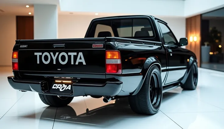 Close back view of painted black with shiny clour Classic 1980 Toyota 2WD Pickup sleek in large shape Pickup in large size with Toyota logo on its large detailed grille in shiny white clour with angular sporty design captured from close back view with modi...