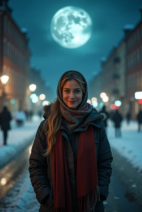 cinematic photo center of view of the camera for a beautiful smiling female in a colored headscarf is standing in the middle of a (snowy:1.5)street.,blue eyes detailed, river background, moon night, (huge storm:1.2),(rain:1.5) . 35mm photograph, film, boke...