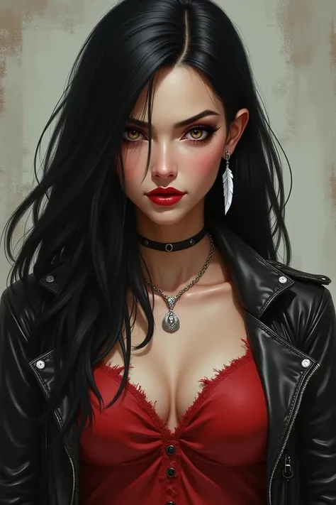  I need you to create an art for me to play RPG .  She has very smooth long black hair , a fringe ,  striking light brown eyes ,  she wears dark red lipstick ,  thin and well-marked face , The blushed cheek , on her face and her tanned brown skin .  She we...