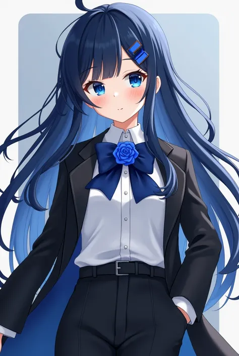  She has long hair that is dark blue light blue , dark blue eyes .  She usually wears a white shirt paired with a pair of black pants plus a long black coat and finally a bow with a blue rose that matches the color of her eyes in the middle of the bow