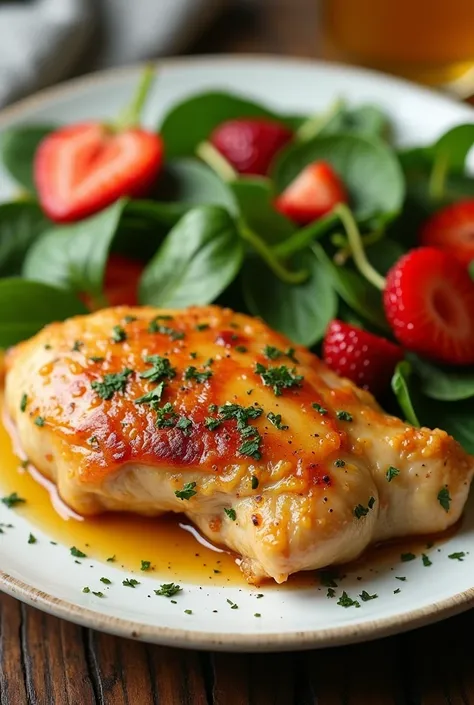  Recipe for chicken with mustard and honey with side dishes of spinach and strawberry salad and this dish should be accompanied with a refreshing drink of ginger and mint lemonade. The chicken should be dominant in the image placed on a large plate it shou...