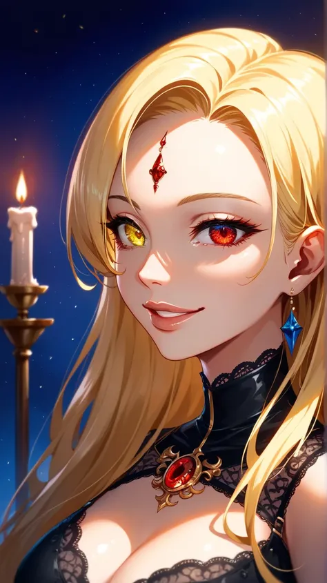 ( red eyes,  yellow eyes ), black lace , ((  right eye red , left eye yellow  )),  beautiful blonde villain  , (( long-haired blonde, bangs on the forehead)),  raised her head up, ((bangs)),  golden long hair with bangs , ((Heterochromia, ( right eye red )...