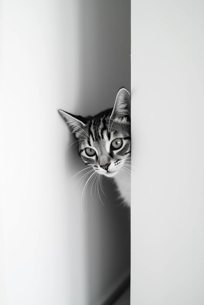 "A minimalist black-and-white photograph of a cat peeking from behind a wall. The image focuses on the cats face, highlighting its large, curious eyes, detailed whiskers, and soft fur texture. The composition is clean and modern, with the left side of the ...