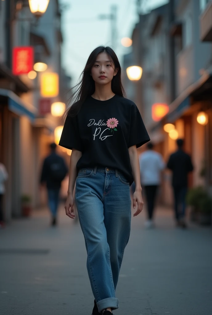 A beautyful Korean girl is wearing black t shirt which has Dahlia PG written on it, jeans, and black sneakers. The girl  is walking alone through the street under the lamplight. A front view realistic photography, with a few city buildings and a few person...