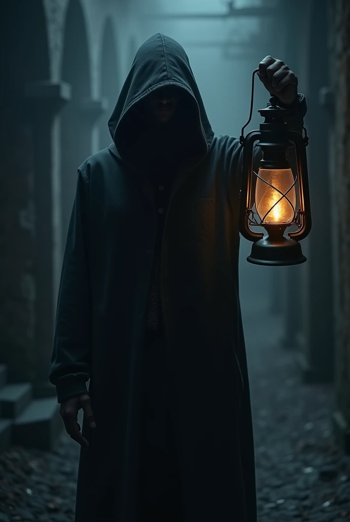 A hooded young man holding a lantern at night that looks scary