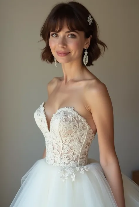 woman, Model, brown short hair,  big breasts, Earrings, Earrings, smile, Bangs,  jewelry, Weats a sexy wedding dress .  This is strapless and the tail button can be seen.  has intricate embroidery and is white. es handelt sich um ein ganzkörperfoto auf dem...