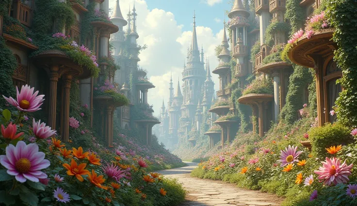 Imagine "There is a magical city where flowers are blooming everywhere"