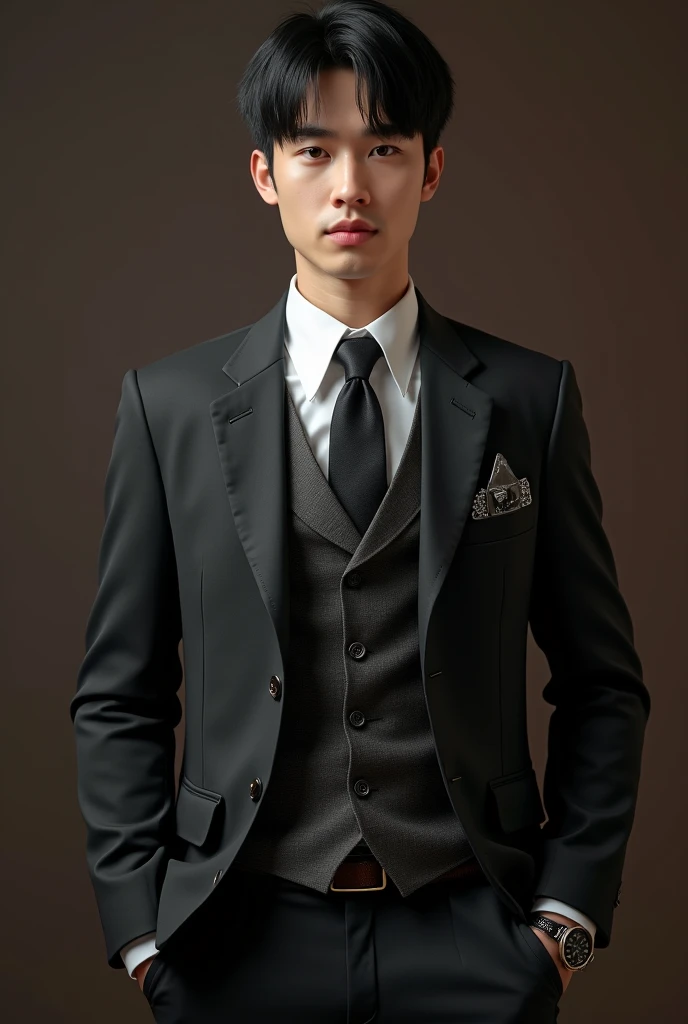 a handsome man, short straight black hair, sharp eyes, straight eyebrows, high nose, perfect lips, firm jaw, formal suit and formal suit vest, pocket watch, cool belt, formal pants, trouser chain, very detailed, 8K image quality, 8K, very realistic