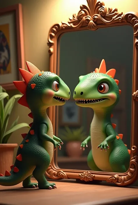 A cute dinosaur that looks in the mirror and says how beautiful I am. The mirror shows an evil version of itself.