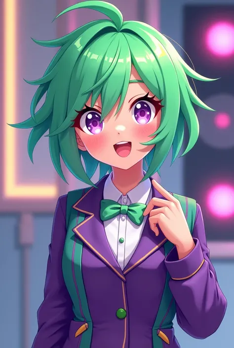 Green and purple themed anime boy vtuber model not shaded 