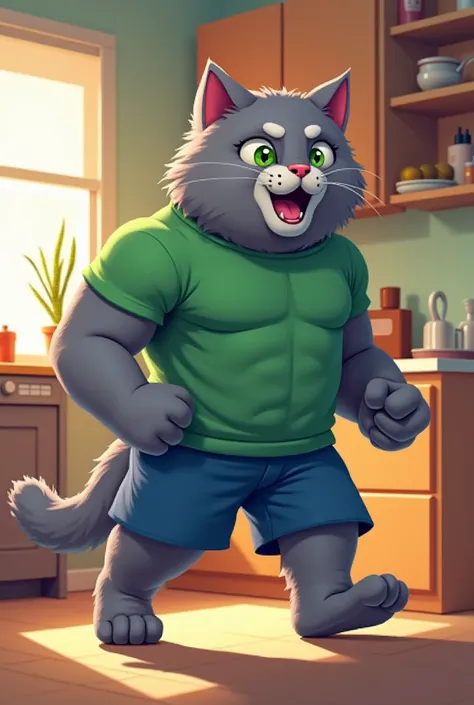 A pixer cartoon style strong muscular grey cat, wear green t-shirt and blue shorts with fluffy soft fur is walking confidently in kitchen 