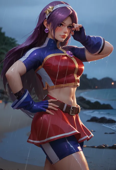 Masterpiece,best quality,ATHKOF2002, purple hair, long hair, purple eyes, white hairband, blue sleeves, pearl (gemstone), short sleeves, red top, belt, fingerless gloves, navel, red skirt, biker shorts,  blush, solo,skin tight clothes, standing on beach, s...