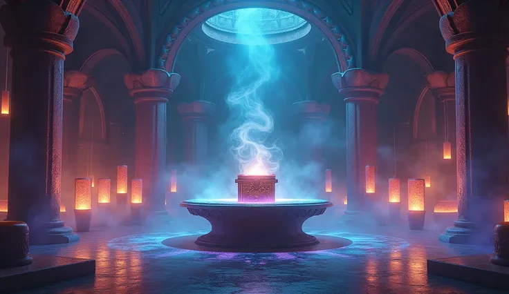 A magic room ,  filled with mysterious colors with shimmering light from floating lanterns.
 In the center is a large round table ,  on the table sits a secret box ,  surrounded by hazy smoke .