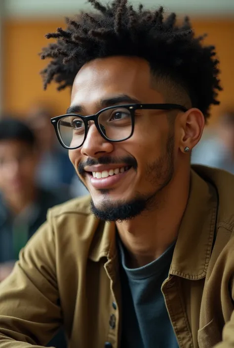  A light-skinned man sitting in class wearing black-rimmed glasses ,  has an umbrella of shiny gold paint . He is tall ,  that exudes intelligence that always appears on his face .  He is sitting in a classroom and the picture is in the angle from the girl...