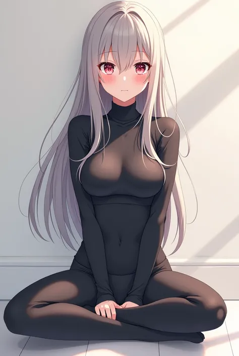 anime girl with long thermal underwear and tight leggings, sitting on the floor in W-leg pose