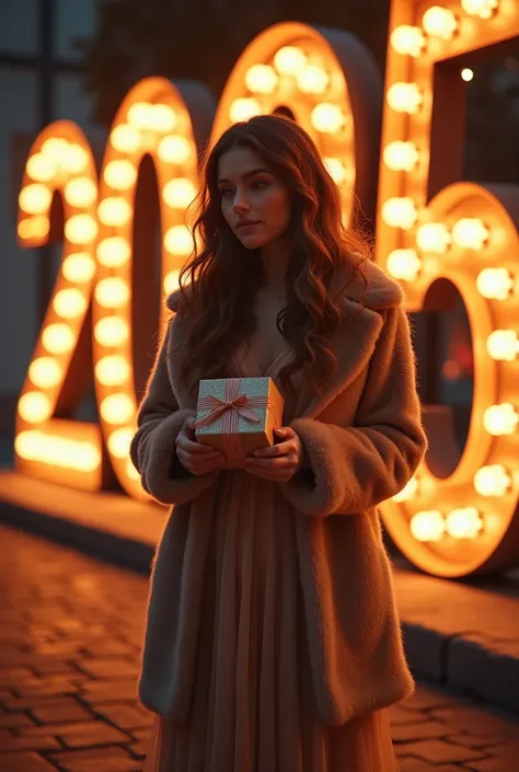  A beautiful girl with wavy long hair in a New Years dress and a fur coat stands in front of the 2025 sign, the sign glows with light bulbs, and a thoughtful face chooses a gift for the guy 