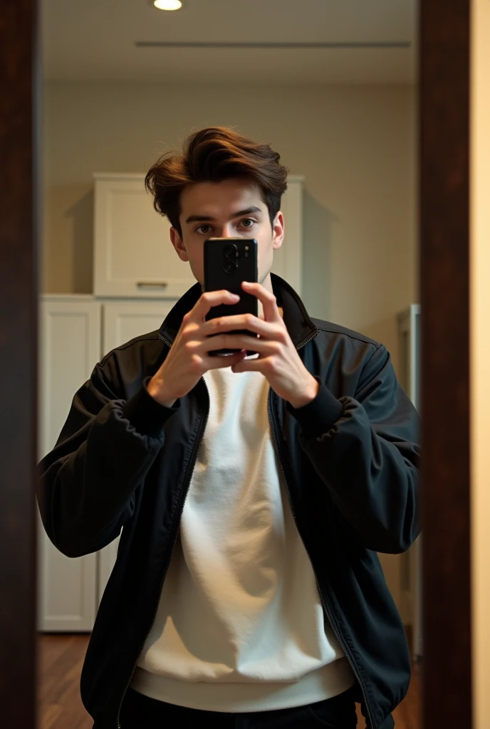 A handsome 22-year-old man is taking a picture of himself in the mirror with his cell phone.  He is wearing a white sweatshirt, black jacket and black pants. He has brown hair and a boyish hairstyle.