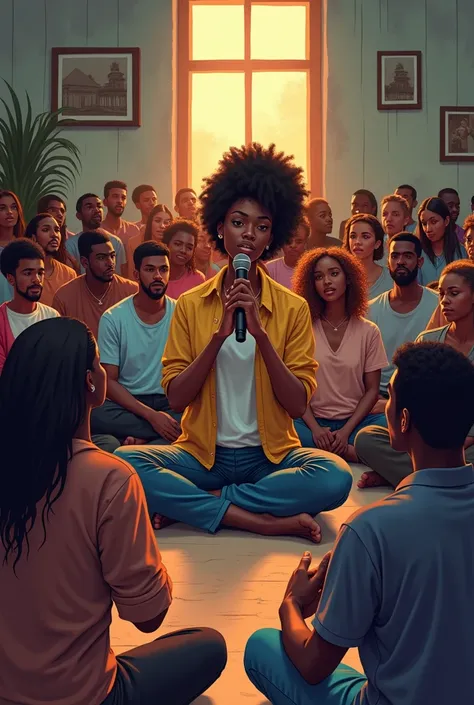 An illustration of a crowd of people sitting with legs folded in a cramped studio apartment,  with a black female also sitting and holding a mic and leading them in worship 